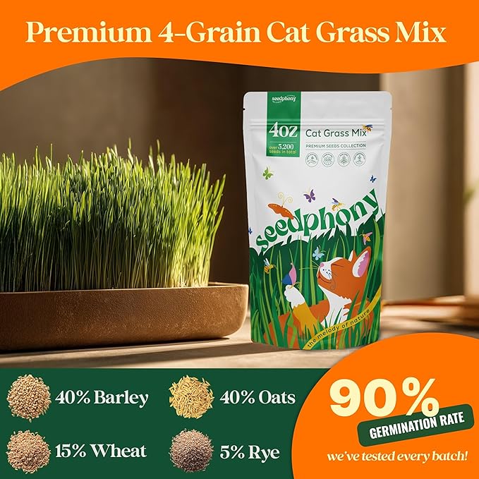 Seedphony Cat Grass Seed Mix – 4 oz Pack with 5,200 Non-GMO Heirloom Seeds for Cats, Barley, Oat, Rye & Wheatgrass for Indoor Growing, Fresh Pet Grass for Digestion & Hairball Control