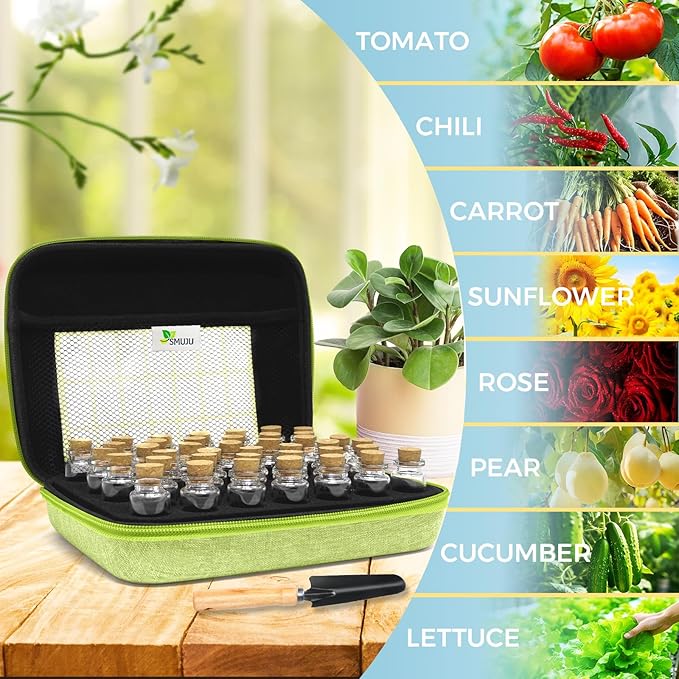 SMUJU 40 Slots Seed Storage Organizer with 20 Seed Envelopes, Sturdy Organizer Storage Box with Label Stickers, Glass Container for Flower Vegetable Garden Seed Saving (Seeds not Included)