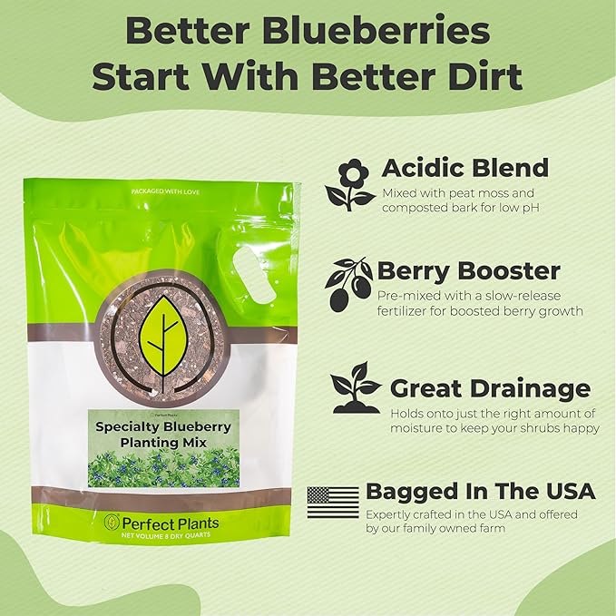 Specialty Blueberry Potting Mix by Perfect Plants | Organic Premium Mix | Use with Blueberry's, Raspberry, or Other Fruit Shrubs (8qt)