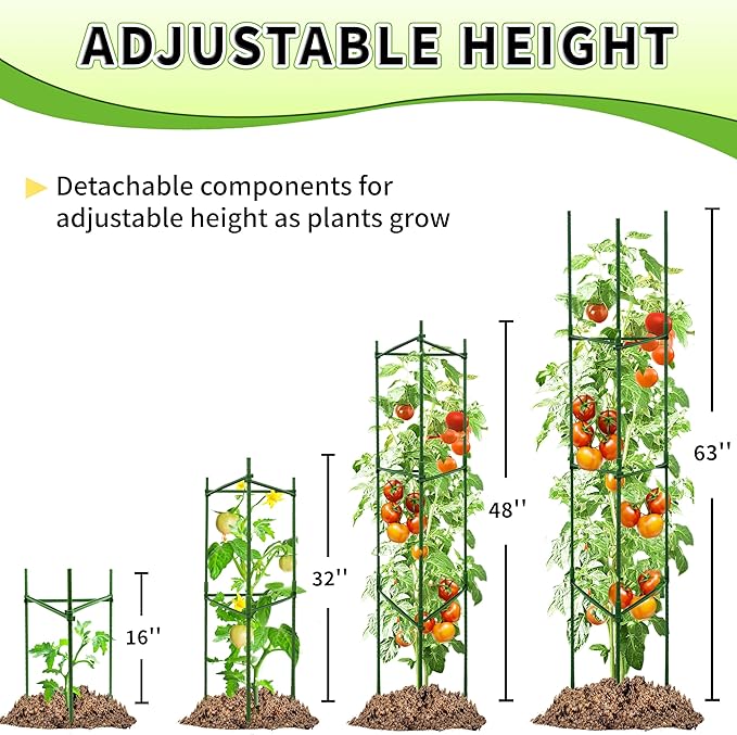 TCBWFY 4-Pack 63-Inch Adjustable Tomato Cages, Heavy-Duty Metal Plant Support Trellis for Garden and Pots, DIY Tomato Stakes, Height Adjustable 16 to 252 Inches