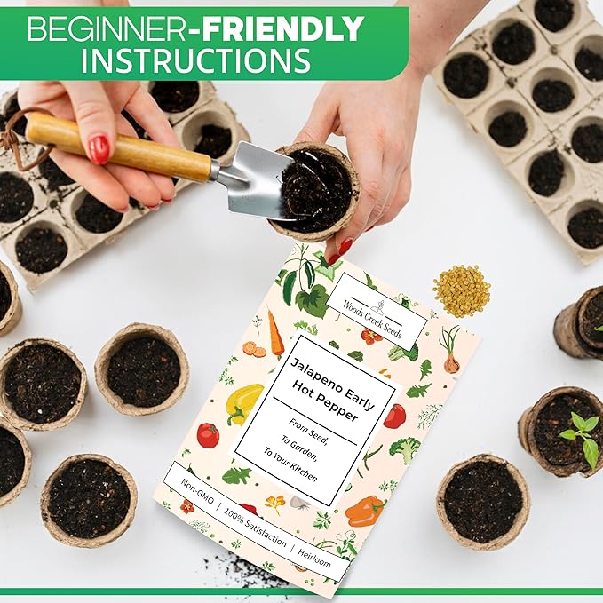 Woods Creek Seeds: Jalapeño Early Hot Pepper Seeds for Planting - Heirloom Non-GMO Jalapeno Seeds for Planting - Beginner Friendly Jalapeno Pepper Seed Pack for Indoor, Outdoor & Home Garden