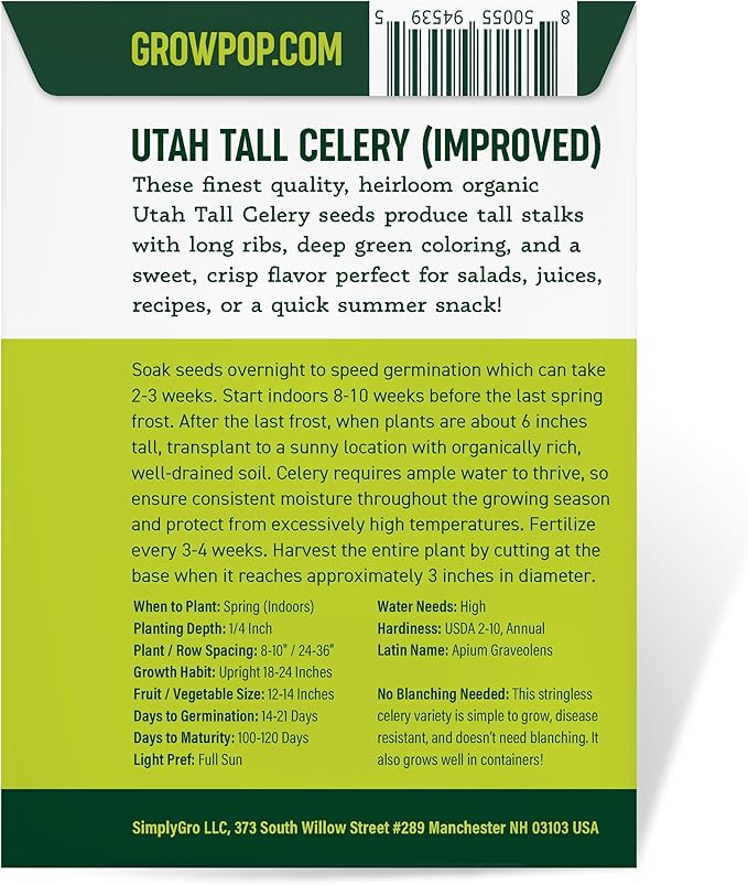 Organic Utah Tall Celery Seeds - USDA Organic, Non-GMO, Open Pollinated, Heirloom, USA Origin (5 Packets - 1.25 Grams - Approx 2500 Seeds)