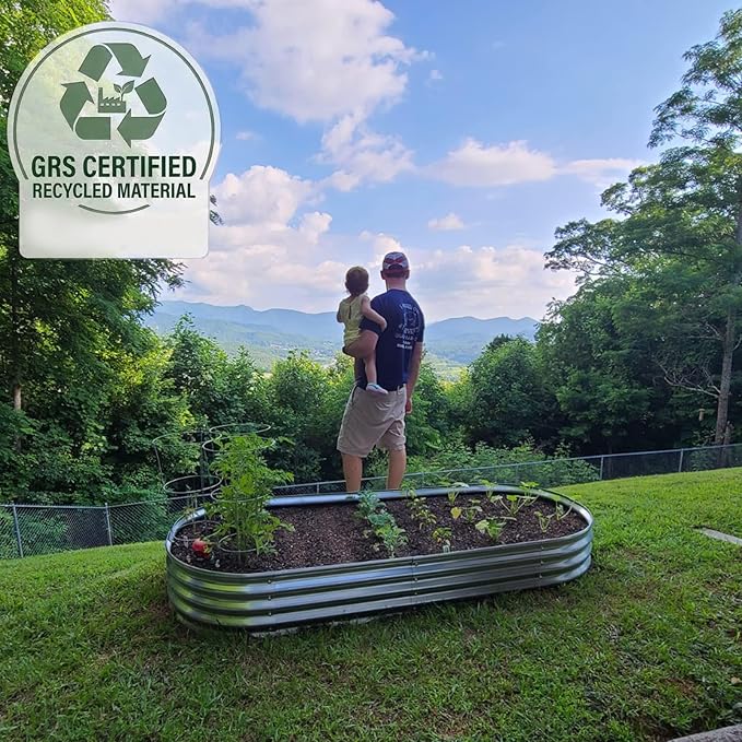 Raised Garden Bed GRS Certified Galvanized Planter Box Outdoor, 6.5ft Oval Rot-Resistant Metal Garden Bed Planter, Recycled Material Planter for Vegetables Flowers Herbs (Silver)