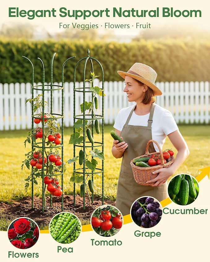 Joyhalo 2 Pack Trellis for Climbing Plants Outdoor, 74 Inch High Adjustable Garden Trellis for Flowers, Green Plastic Coated Steel Plant Stakes Use As Tomato Cage