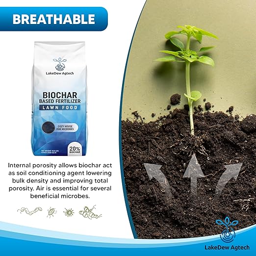 LakeDew Biochar Lawn Fertilizer 16‑0‑8 – Moisture Retention & Microbial Boost – Fix New Construction or Sandy Soils – Eco‑Friendly, Covers 2,500‑6,000 sq ft (19.6lb)