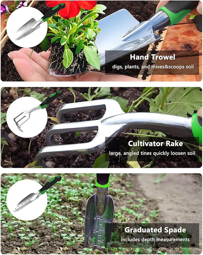 Garden Tool Set, Heavy Duty Gardening Tools with Non-Slip Rubber Grip, Includes Shovel Trowel Fork Rake Gardening Gloves Organizer Handbag, Gifts for Women and Men (Professional Set (10 PCS))