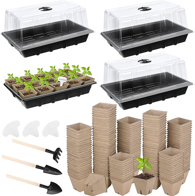 Hahood 4 Pack Seed Starter Tray Kit, 120 Square Seed Peat Pots for Seedlings with Plants Labels, Planting Tools, Plastic Growing Germination Trays with Lids for Indoor Outdoor Gardening, Black
