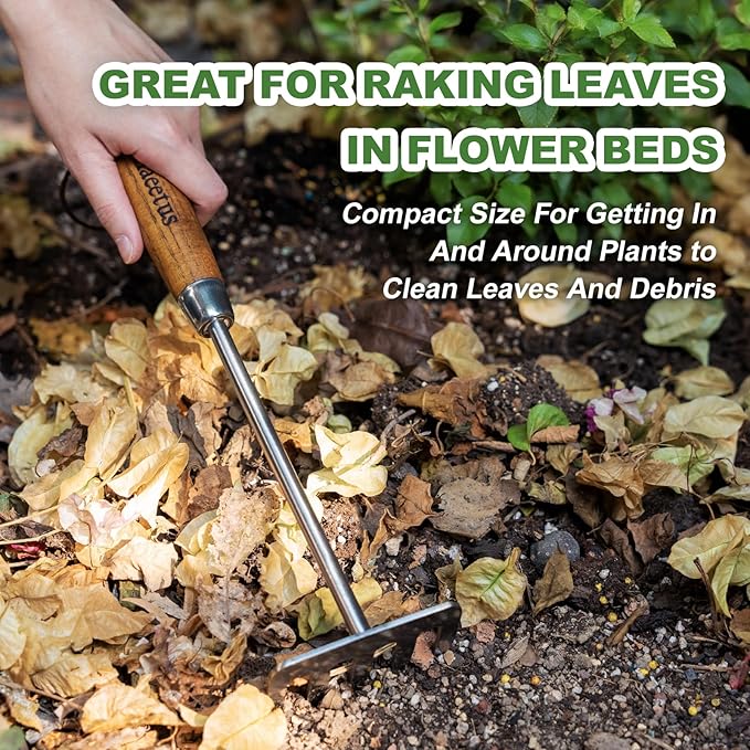 Haliaeetus Hand Rake Garden Tool, Stainless Steel Small Rake for Raking Leaves in Flower Beds, 5 Tines Hand Tiller Make Loosening Soil A Snap, Hand Cultivator with Comfortable Handle for Quick Weeding