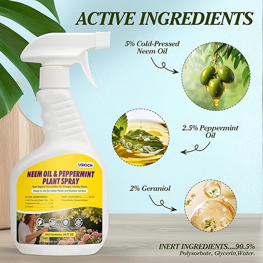 Neem Oil & Peppermint Plant Spray – Natural Leaf Shine with Natural Essential Oils for Indoor & Outdoor Use,Simple Ready-to-Use Plant Spray for Gardens, Houseplants- 16 oz