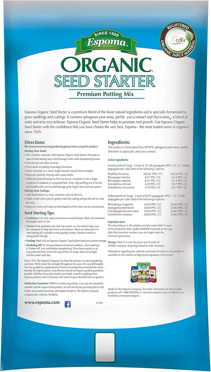 Espoma Organic Seed Starter Premium Potting Soil Mix - All Natural & Organic Seed Starting Mix with Mycorrhizae. For Organic Gardening, 16 qt, bag - Pack of One