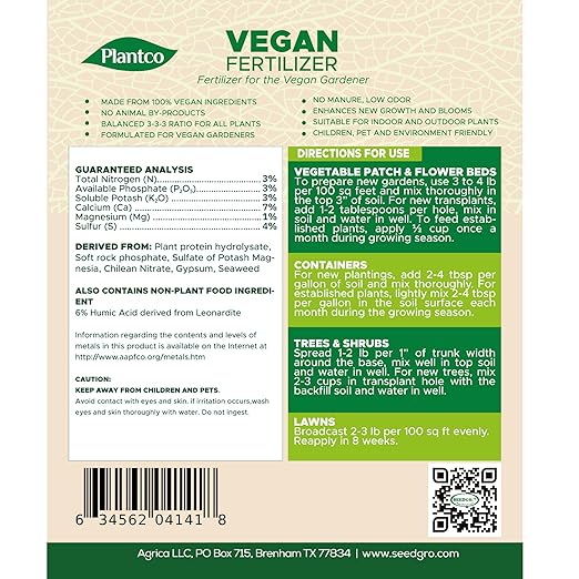 Vegan Fertilizer Mix with Plant-Based Ingredients | Cruelty-Free, No Animal by-Products | All-Purpose Granular Fertilizer NPK 3-3-3 with Other Nutrients | 4 lb Bag