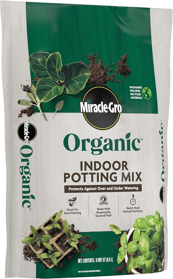 Miracle-Gro Organic Indoor Potting Mix - Protects Against Over and Under Watering, Planting Soil for Indoor Container Plants, Houseplants and Starter Plants, OMRI Listed, 8 qt. (3-Pack)