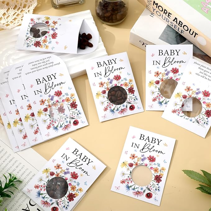JarThenaAMCS 50 Pack Baby Shower Party Favor Wildflower Baby in Bloom Seed Packet Envelopes Kraft with Clear Window Resealable Seed Organizer Storage Bag for Guest Gender Reveal Party(Colored Flowers)