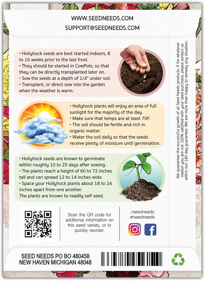 Seed Needs, Mixed Carnival Hollyhock Seeds - Heirloom Seeds for Planting Alcea rosea - Biennial Wildflower that Attracts Pollinators to the Garden (5 Packs)