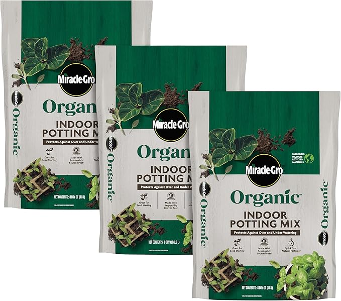 Miracle-Gro Organic Indoor Potting Mix - Protects Against Over and Under Watering, Planting Soil for Indoor Container Plants, Houseplants and Starter Plants, OMRI Listed, 8 qt. (3-Pack)