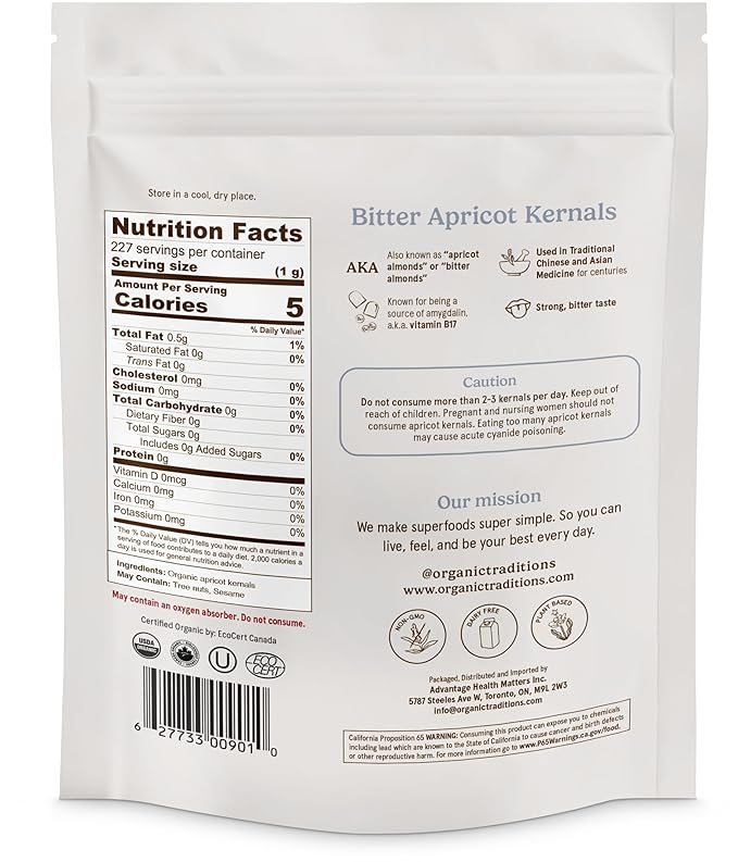 Organic Traditions Apricot Kernels – Sundried - Natural Source of Vitamin B17 - Sweet & Bitter Raw Apricot Seeds - 8oz