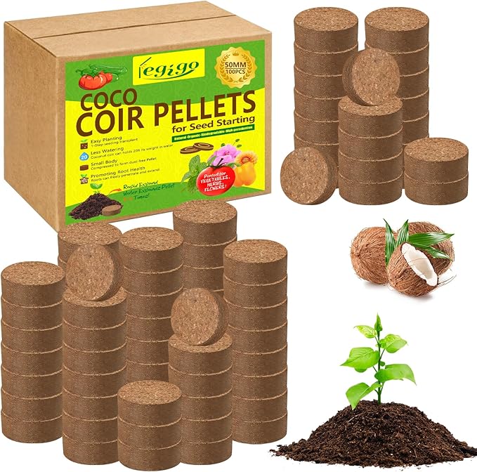 Legigo 100 Pcs 50mm Coco Coir Pellets Seed Starter Soil Mix- Organic Coconut Coir Potting Soil Pods for Seedling, Coco Peat Soil Discs for Indoor & Outdoor Plants Bonsai Herbs Vegetables and Flowers