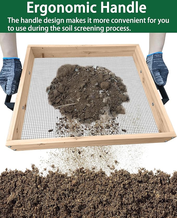 19" x 16" Large Soil Sifter for Gardening, Wooden Compost Sifter, Dirt Sifter, Rock Sifter, Soil Sieve with 1/4in Sifting Screen, Sifting Peat Moss Gravel for Wheelbarrow Trowel Tool Set