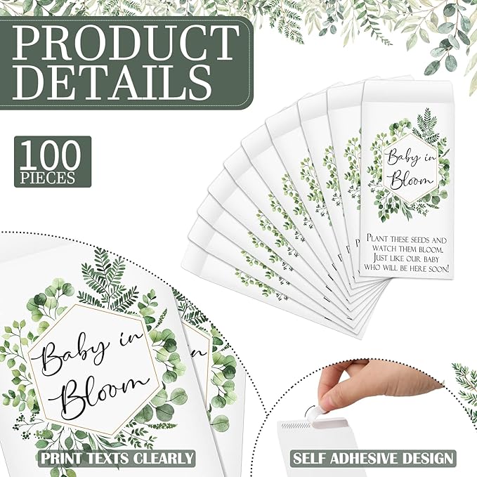 Maitys 100 Pcs Baby Shower Seed Packets Favors for Guests Baby in Bloom Wooden Sign Self Adhesive Envelopes Packet Storage Decor, No Seeds(Green Leaf)