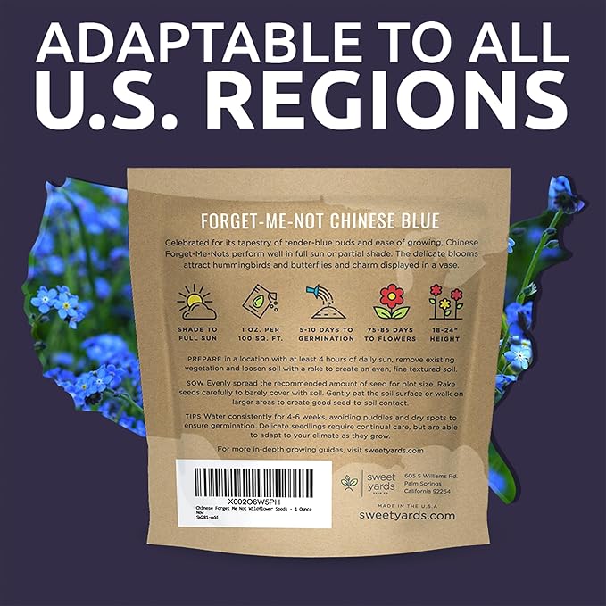 Chinese Forget Me Not Wildflower Seeds - Bulk 1 Ounce Packet - Over 5,500 Open Pollinated Seeds - Blue Cynoglossum amabile
