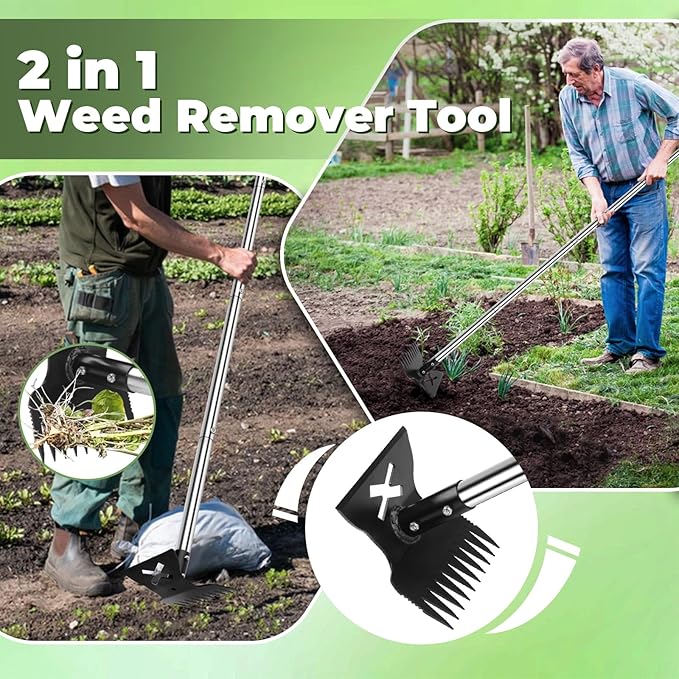 Weed Puller Tool with Long Handle 2.0, Upgraded Weeding Remover Tool, 56" Heavy Duty 10 Teeth Weed Rake & Garden Hoe 2 in 1 Manual Hand Gardening Weeder Tools for Garden, Yard, Patio, Lawn
