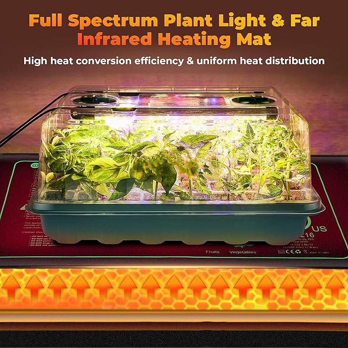 Seed Starter Tray, Seed Starter Kit with Grow Lights and Heat Mat, 48-Cell Seed Growing Tray, Seed Starting Trays Plant Starter Kit and Base, Indoor Gardening Plant Germination Trays