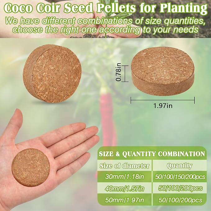 ZeeDix 50pcs 50mm Coco Coir Pellets Potting Soil, Organic Coconut Fiber Seed Starter Soil Pellets, Coconut Coir Soil Discs for Indoor Outdoor Plants, Herbs Houseplants Flowers Succulents Vegetables