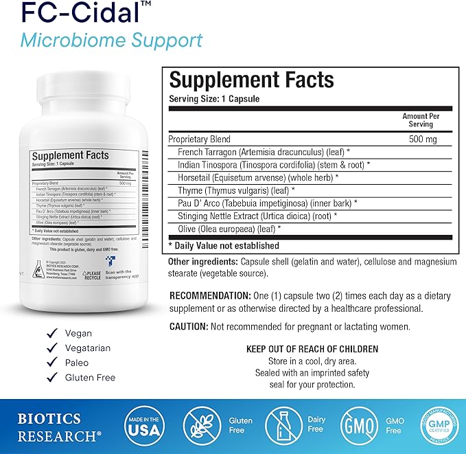 Biotics Research FC Cidal™ Herbal Blend Complete GI Gut Health for Women & Men- 500 mg/Serving - 7 Herbs Proprietary Blend Supplement Supports Healthy GI Function and Microbial Balance 120 Capsules