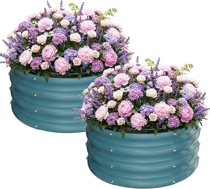 ZXZYHFTY Raised Garden Bed, 0.6 mm Galvanized Steel Round Planter Box with Open Bottom, Blue, 2 x 2 x 1 FT, 1 Pack