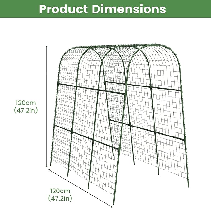 Cucumber Trellis, Metal Garden Arch Trellis for Raised Bed, 48 x 48inch U-Shape Garden Trellis for Climbing Plants Outdoor, Vegetables Fruit Plant Support with Netting, Gardening Supplies (Green)