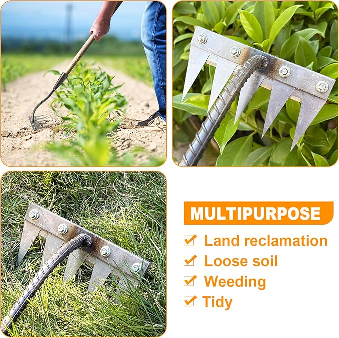 Ironrake The Heavy-Duty Iron Weeding Rake,1pc Iron Rake for Gardening and Weeding with 5 Metal Tines,Weeding Rake for Sturdy Dethatching,Ironrake for Backyard Lawn Loosening Planting Weeding (5 TINES)