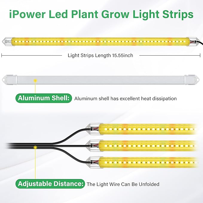 iPower 40W LED Grow Light Strips for Indoor Plants with Auto ON/Off 3/9/12H Timer 10 Dimmable Levels 48 LEDs Per Tube Sunlike Grow Lamp for Hydroponics Succulent, Yellow