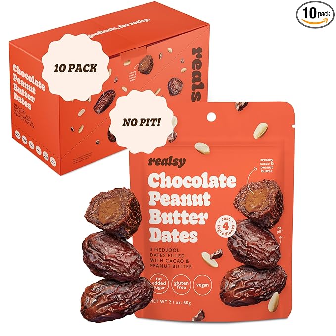 Realsy Chocolate Peanut Butter Stuffed Medjool Dates, Organic Dates with No Sugar Added, Gluten-Free, Vegan, Good Source of Fiber, Low Glycemic Index, All Natural Healthy Snack, (10 Pack)