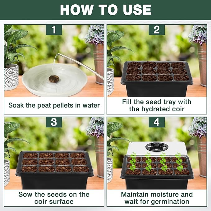 ZeeDix 10 Pack Seed Starter Trays Kit with 120 PCS Coco Pellets, Base Tray for Indoor Planting, Mini Greenhouse Germination System for Herbs Vegetables Gardening Supplies(120 Cells Total Tray)