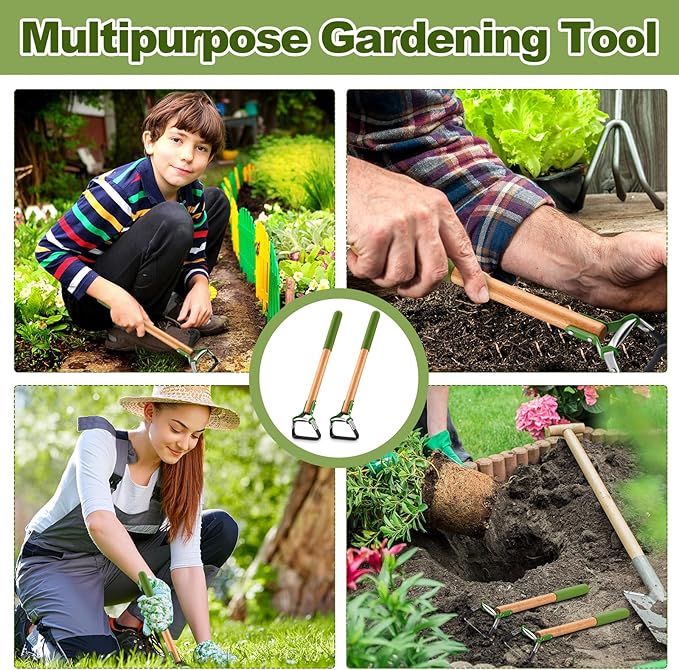 2 Pcs Mini Garden Hoes for Weeding Long Stirrup Hoe Tools Scuffle Garden Tool for Lawn Yard Weeding Gardening (Wood Handle)