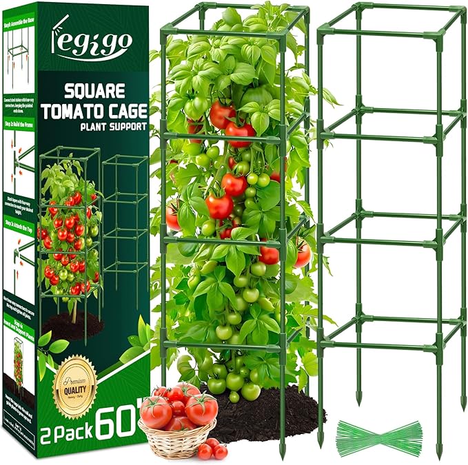 Legigo 2 Pack Square Tomato Cages- 60 Inch Heavy Duty Tomato Trellis for Climbing Plants Outdoor, Tomato Plant Support Stakes Cage Garden Trellis for Garden Raised Garden Bed Cucumbers Vegetables