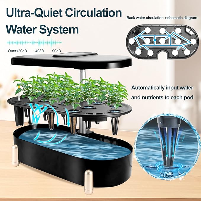 Hydroponics Growing System Indoor Garden 12 Pods Plant Germination Kit Aeroponic Herb Vegetable Growth Lamp Countertop with LED Grow Light (Black)