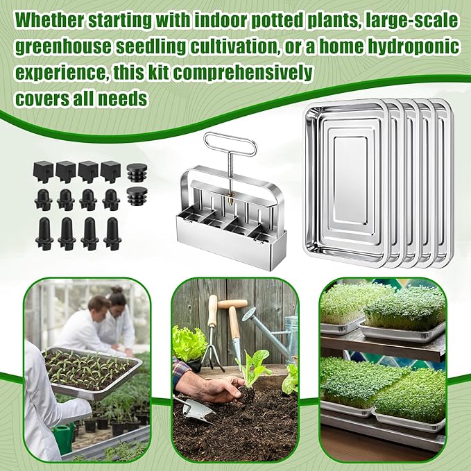 Soil Blocker with 5 Large Stainless Steel Seedling Trays 4 Cell Handheld Seed Blocker 2" Quad Soil Block Maker with 3 Types Seed Pins Water Catch Tray for Seeds Stater Pot Transplant Tray