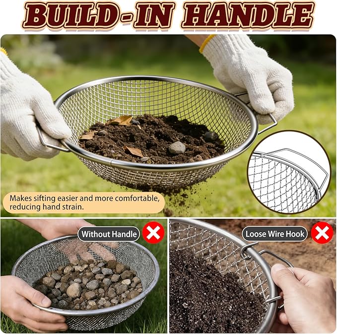 5PCS Soil Sifter, Gardening Soil Sifter with Handle Rock Compost Sifting Screen for 5 Gallon Buckets Garden Metal Sieve Strainer with Shovel 2,4,6,8,10mm Mesh Sizes Remove Stone Fine Gravel Sand Dirt