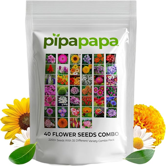 2200+ Mixed Flower Combo Seed Pack for Your Home Garden, 40+ Variety Flower, Including Petunia, Zinnia, Sunflower and More, Attracts Pollinators, Non- GMO and Heirloom
