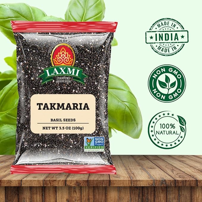 LAXMI Takmaria Basil Seeds Sabja, Tukmaria, Tulsi Seeds - All Natural, NON-GMO, Fresh and Pure, Product of India - 3.5 oz