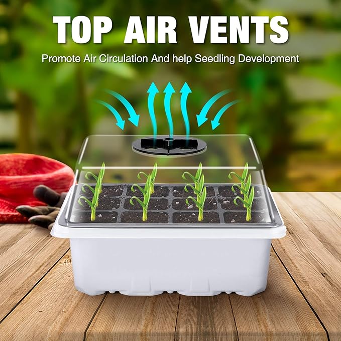 Delxo 10-Pack Seed Starter Kit Seedling Starter Tray (12 Cells) Humidity Adjustable Plant Germination Kit Garden Seed Starting Tray with Dome and White Base Plus Plant Tags Hand Tool Kit