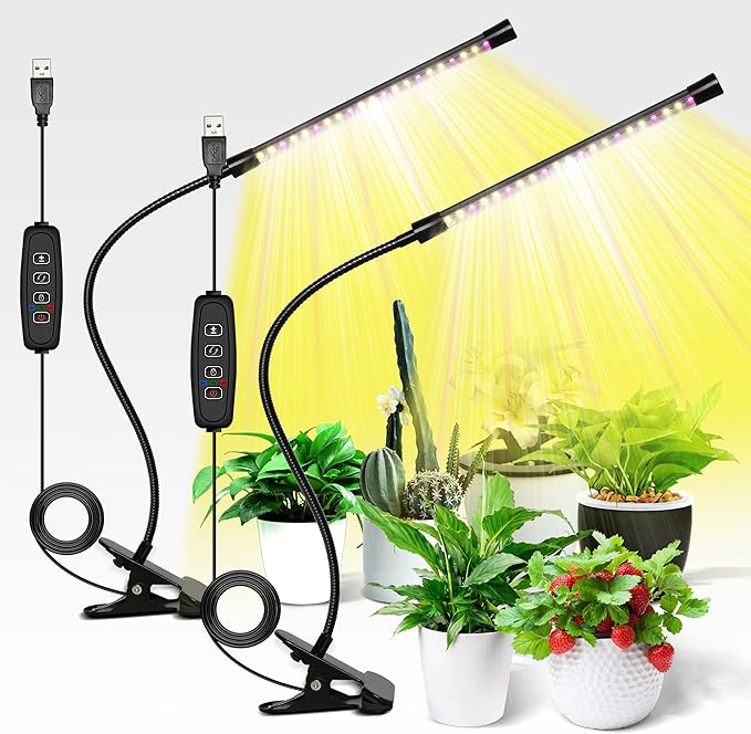 iPower 21 LED Grow Light with Full Spectrum for Indoor Plants, Adjustable Gooseneck, 3 Light Modes&10 Dimmable Levels, Auto 6H/9H/12H Timer, 2 Pack