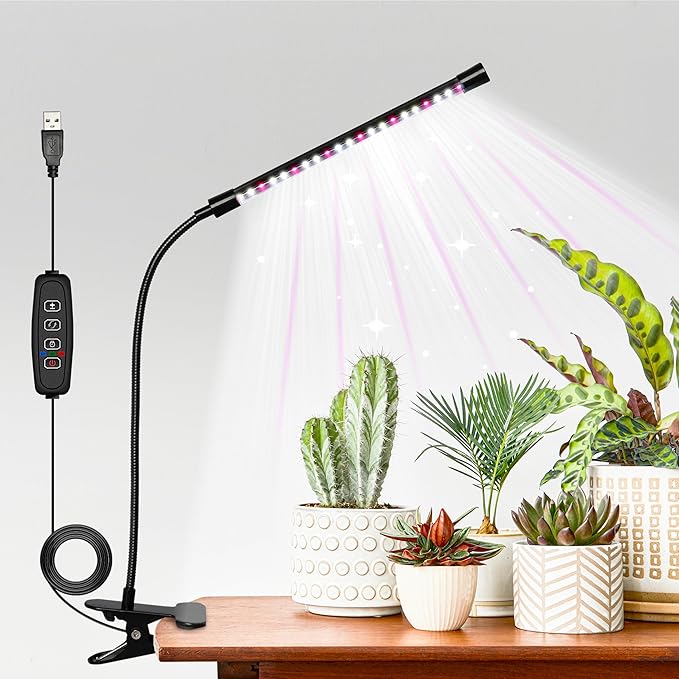 iPower Full Spectrum LED Grow Light for Indoor Plant Growing Lamp with Adjustable Gooseneck, Auto On/Off Timer 6/9/12H, 1 Tube, White