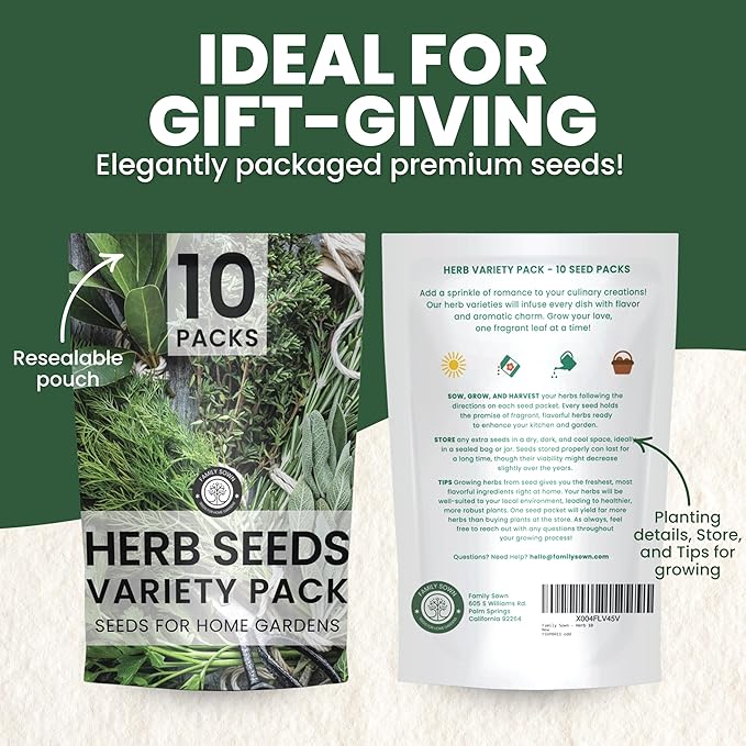 Herb Seeds | 10 Invidiual Packs | 2026 Season | Non-GMO | Mint, Parsley, Basil, Thyme & More! | for Planting Indoor & Outdoor | by Family Sown