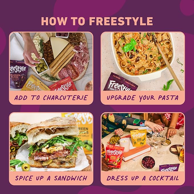 Freestyle Snacks Olive Snack Packs - As Seen on Shark Tank - Single Serve - Fresh Pitted Kalamata Olives, Grown in Greece, All Natural, Non-GMO, Sugar-Free, Salty Snack - Kalamata, 1.1oz (6 Pack)
