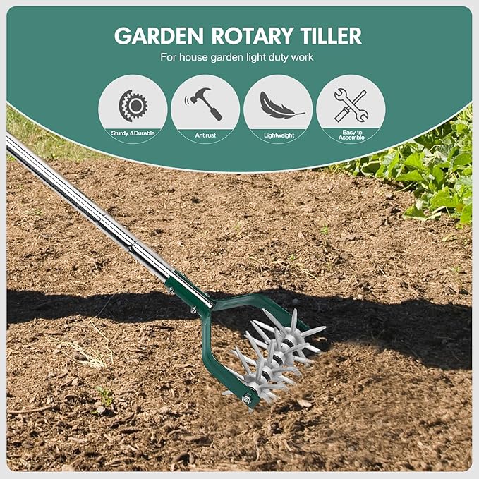 Garden Cultivator Adjustable Stainless Steel Handle, fine Rotary Cultivator Tiller for Small Scale Gardens Soil Loosening, Lawn Aeration, Fertilizer Mixing & Planting Preparation