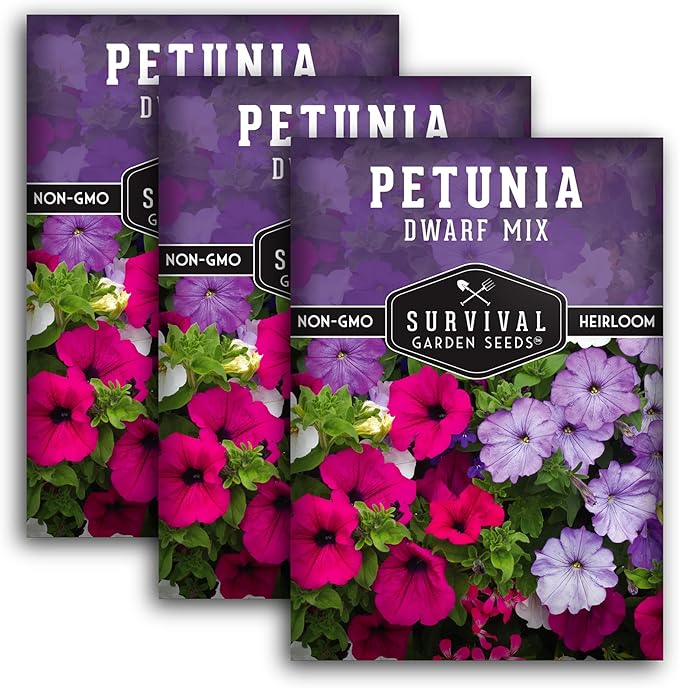 Dwarf Petunia Seed Mix for Planting - Plant & Grow Colorful Flowers to Attract Pollinators to Your Home Garden - Non-GMO Heirloom Variety - Survival Garden Seeds (3 Packs)