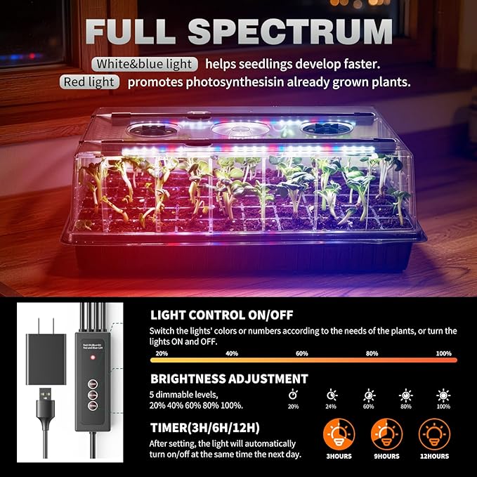 60 Cell Seed Starter Tray Kit with Grow Light, 3.8" Humidity Dome and 20.47" Heat Mat - Indoor Seed Germination Station for Faster Planting, Complete Gardening Kit for Vegetables, Herbs, Microgreens