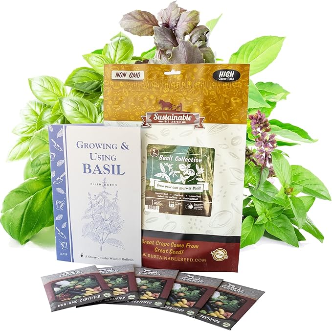 Deluxe Basil Seed Collection - 5 Varieties, 100% Non-GMO Heirloom Genovese Basil, Thai Basil, Lemon Basil, Italian Basil, and Dark Opal Basil Herb Seeds by Sustainable Seed Company (Collection Only)